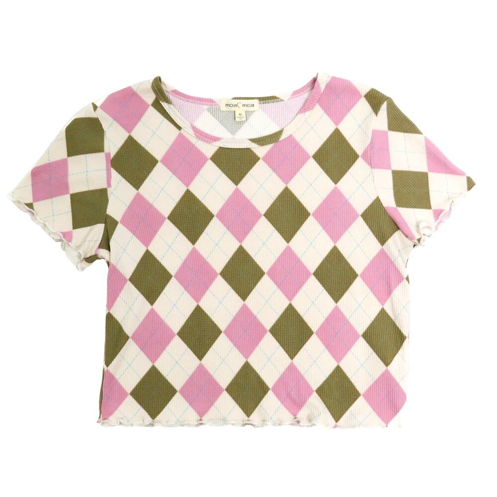 MoaMoa Pink and Green Argyle Short Sleeved Shirt Medium